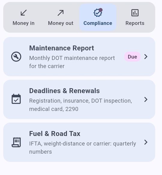 SettlementBooks screen: Compliance: maintenance report, deadlines, fuel tax