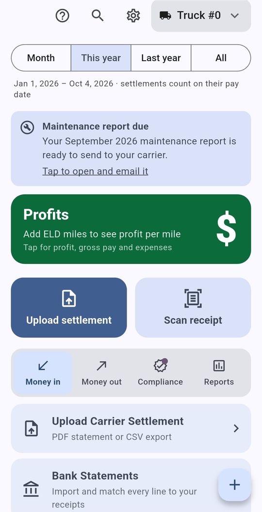 SettlementBooks screen: Home: profit per mile, reminders, and everything one tap away