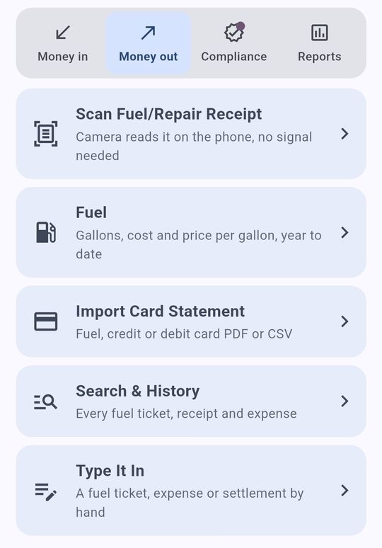 SettlementBooks screen: Money out: scan receipts, fuel, card statements, search