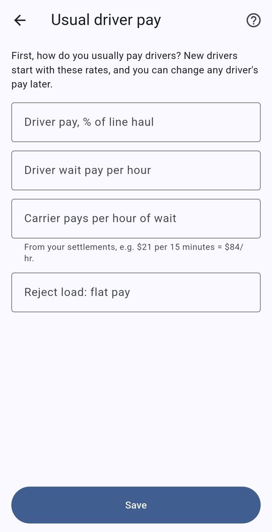 SettlementBooks screen: Set driver pay once: percent, wait time, rejects