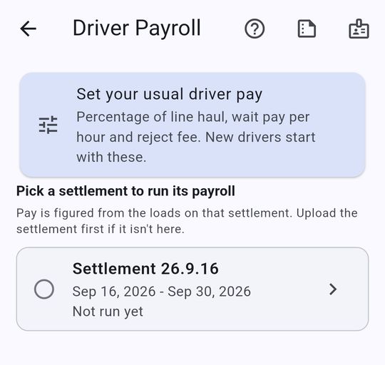 SettlementBooks screen: Driver payroll, run from each settlement