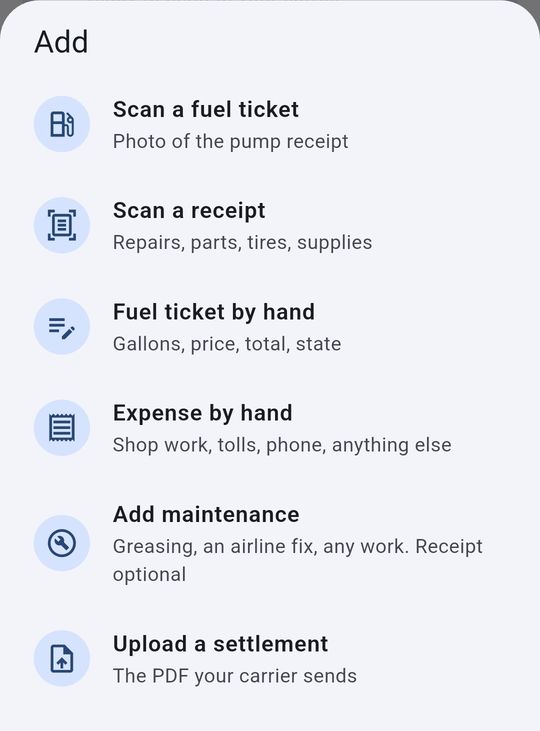 SettlementBooks screen: The + button: fuel, receipts, maintenance and settlements