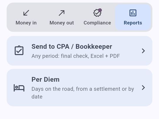 SettlementBooks screen: Reports: the CPA package and per diem