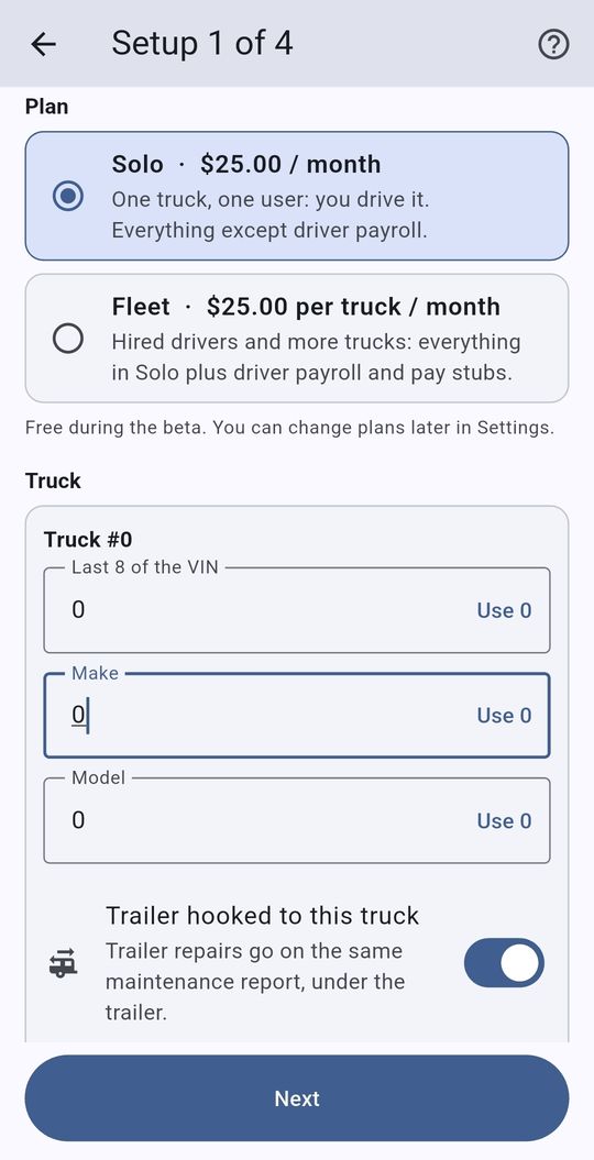 SettlementBooks screen: Step 1: your plan and trucks