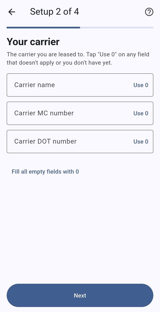 SettlementBooks screen: Step 2: the carrier you're leased to