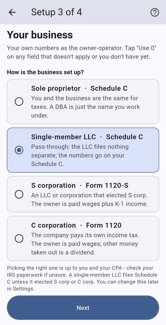 SettlementBooks screen: Step 3: how the business is set up