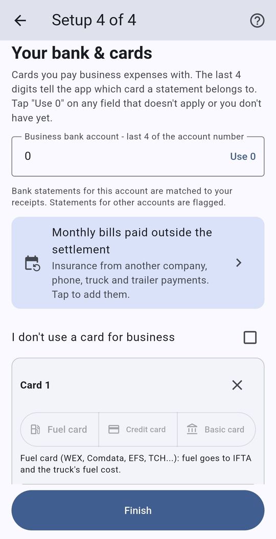 SettlementBooks screen: Step 4: bank account and cards